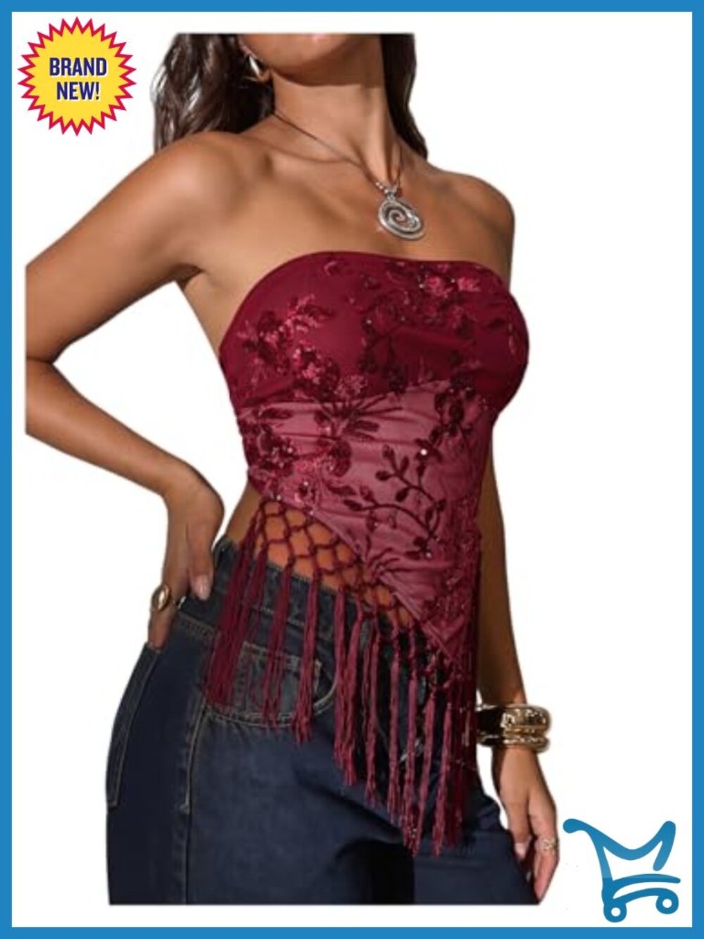 Sequin Fringe Tube Top Y2K Mesh Sheer Rave Party Top